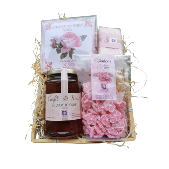 Rose gift box with rose confit, sweets, scented sachet and soap Terre de Rose